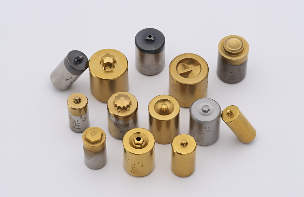 Primarily utilized for the final forming of the screw head and the precise shaping of the recess structure. It is made of high speed steel and classified as a replaceable consumable die component.StandardJIS、ANSI、DIN、ISO、BS、GBHead StyleFlat head、Pan head、Oval head、Binding head、Round head、Truss head、Button head、Hex head、Cheese head or othersMaterialM2 (SKH51)、M35(SKH55)、M42 (SKH59)Diameter●Metric Unit : 12 mm, 14 mm, 18 mm, 23 mm, 25 mm, 30 mm●Imperial Unit : 7/16&Prime;, 9/16&Prime;, 7/8&Prime;, 1&Prime;, 1-1/4&Prime;●Other: 13 mm, 17 mm, 19 mm, 20 mmCoating TypeTIN、TICN、TIALN、ALCRONARemarkCustomized as required